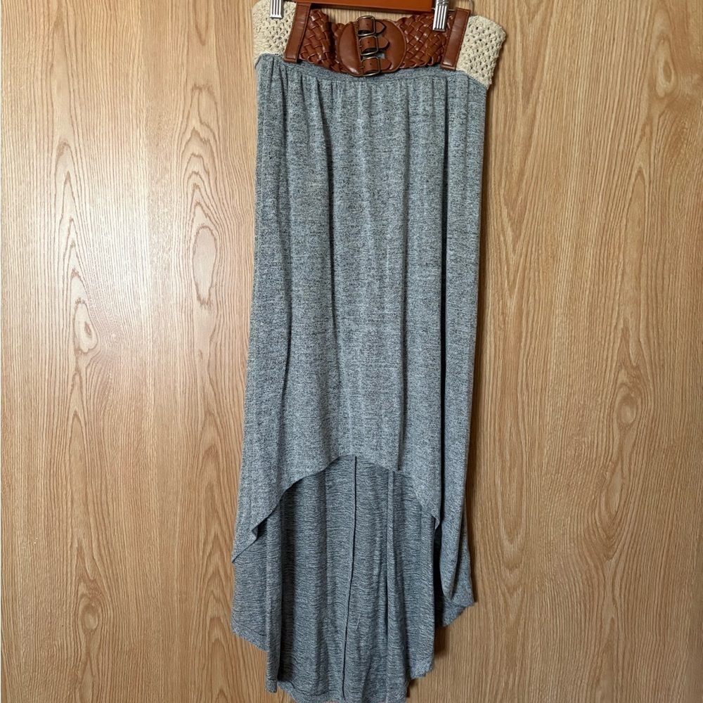 Miss Chievous Gray Knit Maxi High-Low Wide Crochet and Braided Belt Skirt